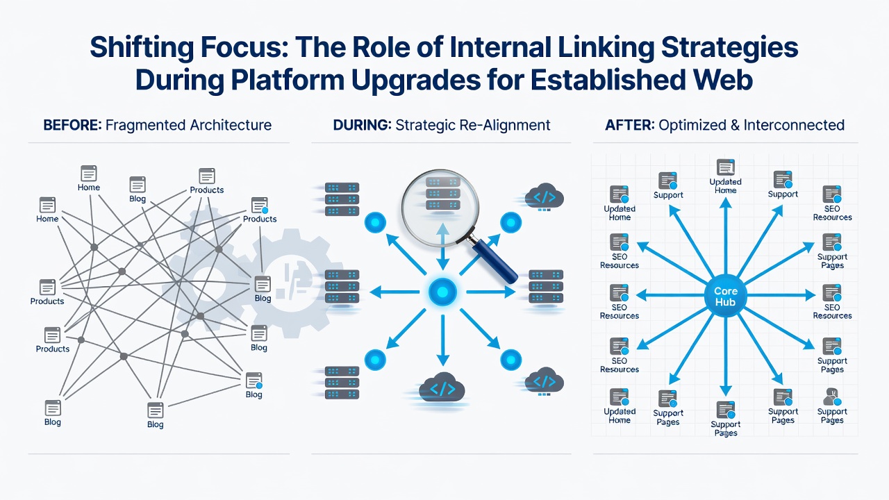 Screenshot of internal link audit tool highlighting key pathways on a website undergoing platform migration