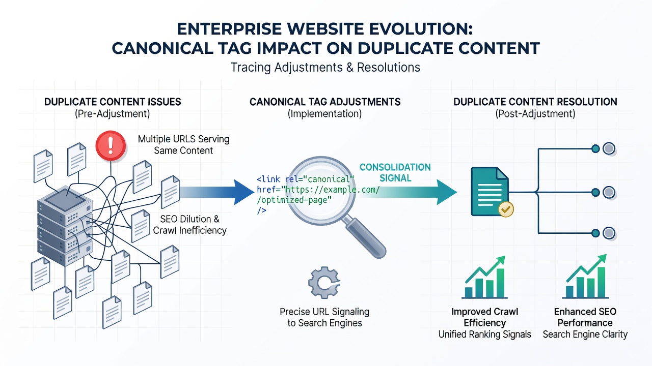 Graph displaying metrics on duplicate content reduction following canonical tag adjustments in enterprise environments during 2026